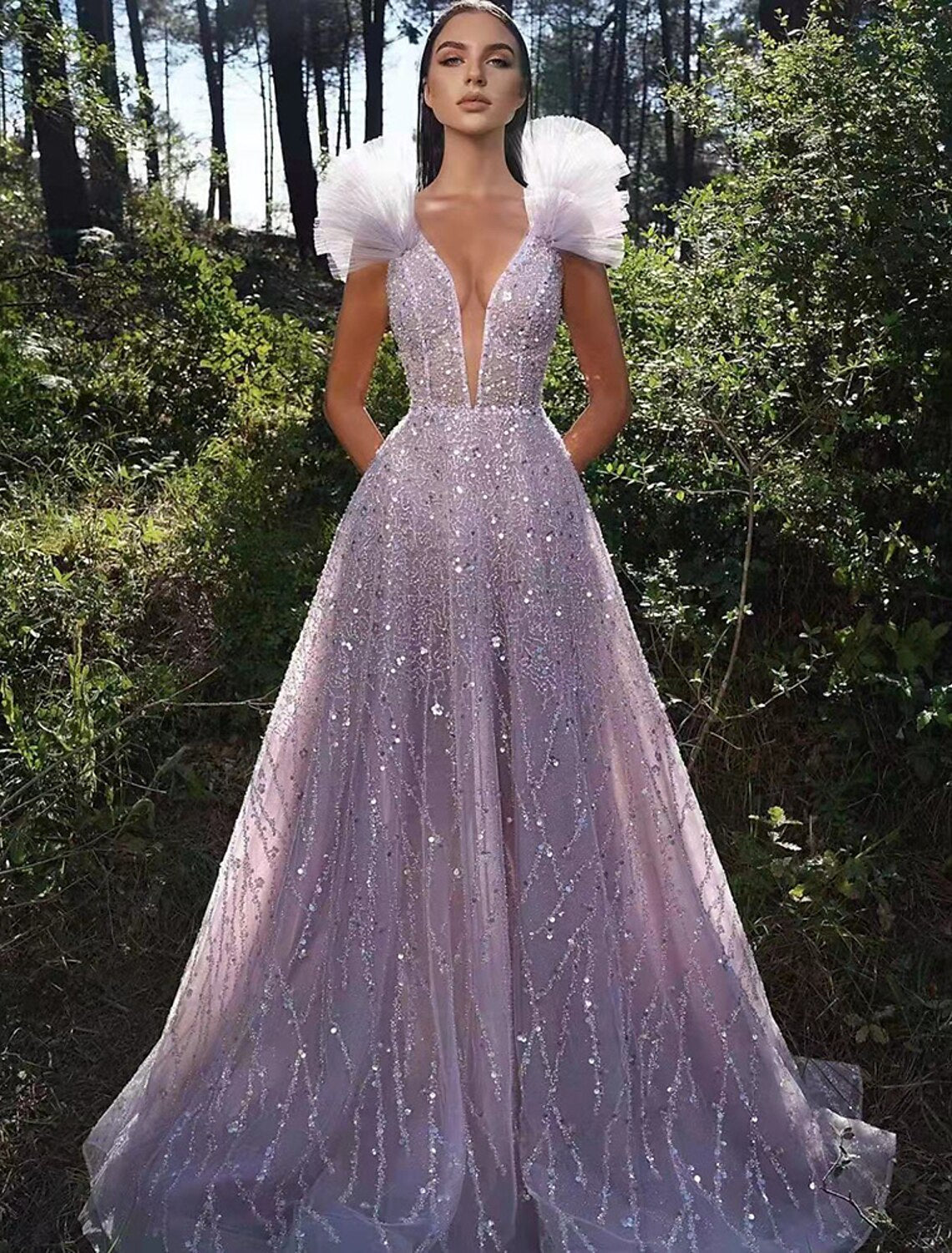 A-Line Evening Dresses Sparkle & Shine Dress Formal Wedding Party Floor Length Sleeveless V Neck Sequined Backless
