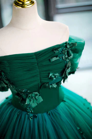 Beautiful Green Off Shoulder Party Dress with Flowers