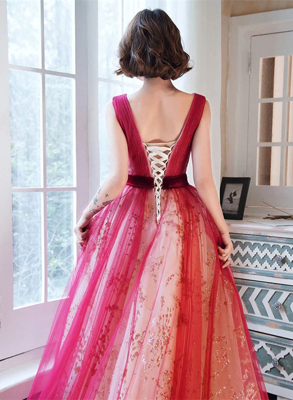 Red V-neckline Tulle A-line Long Prom Dress