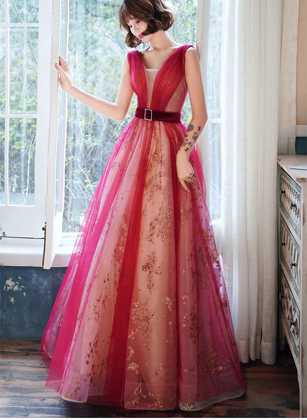 Red V-neckline Tulle A-line Long Prom Dress
