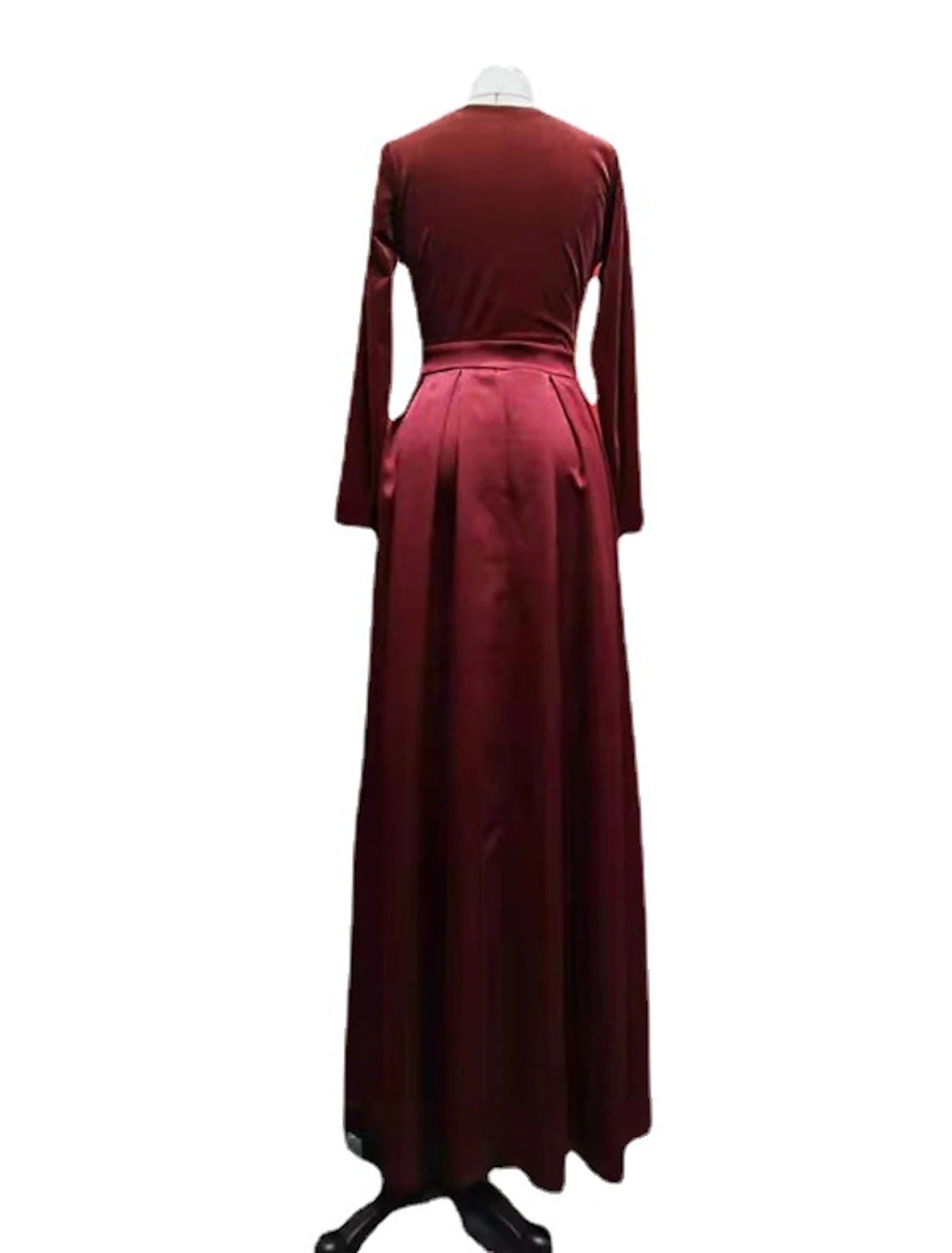 Vestido de fiesta para mujer, vestido de terciopelo, vestido largo rojo, vestido maxi vino, manga larga, color puro, fruncido, plisado, dividido, invierno, otoño, cuello en V, fiesta, elegante, vestido de otoño, vestido de invierno.