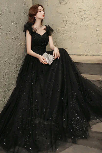 Black Tulle Sweetheart Long Party Dress