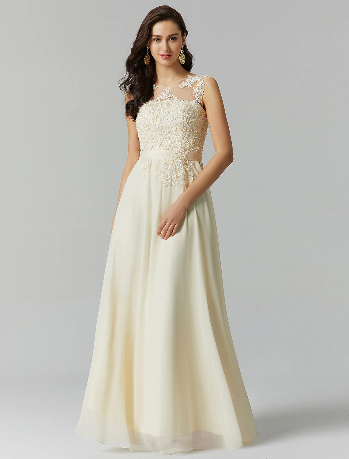Weitese A-Line Evening Gown Elegant Dress Wedding Guest Prom Floor Length Sleeveless Illusion Neck Bridesmaid Dress Georgette with Appliques