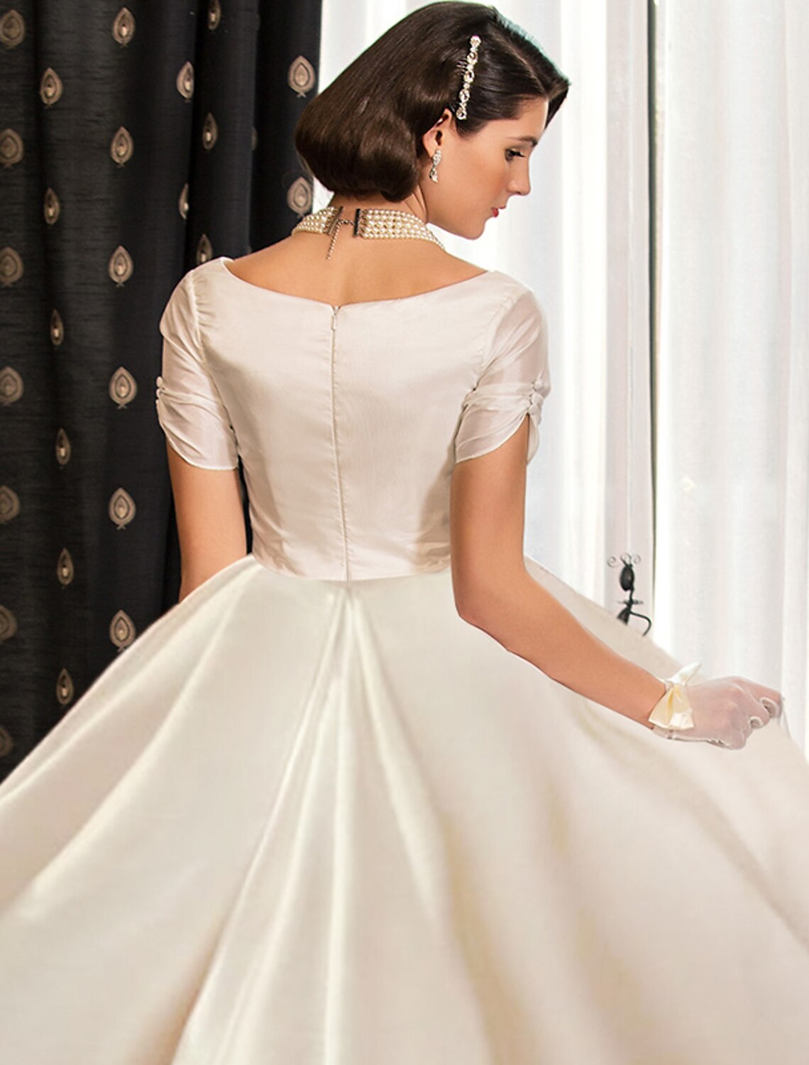 Elegant Satin Ball Gown V-Neck Short Sleeve Ruched Court Train Wedding Dress