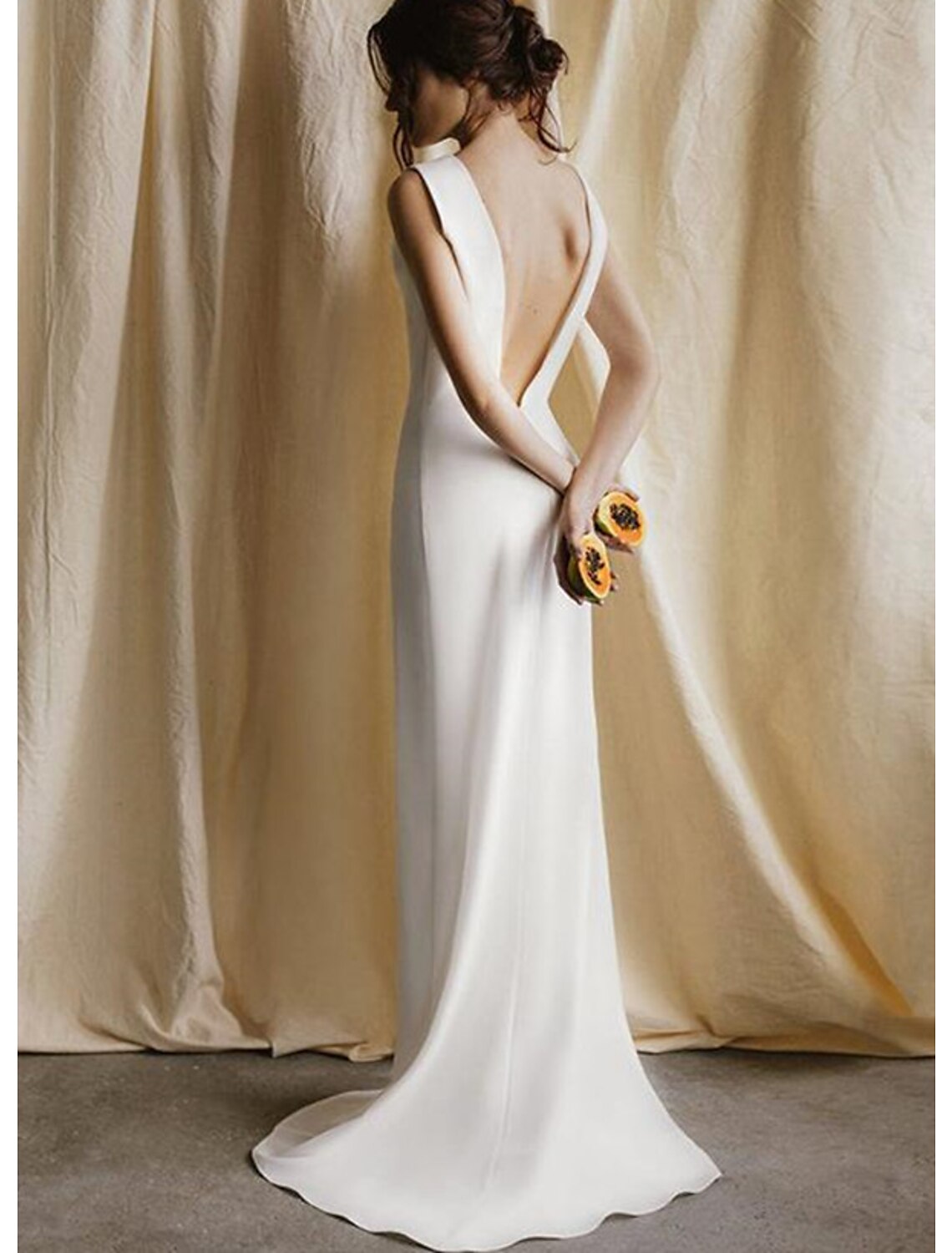 Weitese Reception Open Back Simple Wedding Dresses Sheath / Column Scoop Neck Sleeveless Sweep / Brush Train Satin Bridal Gowns With Solid Color Summer Wedding Party