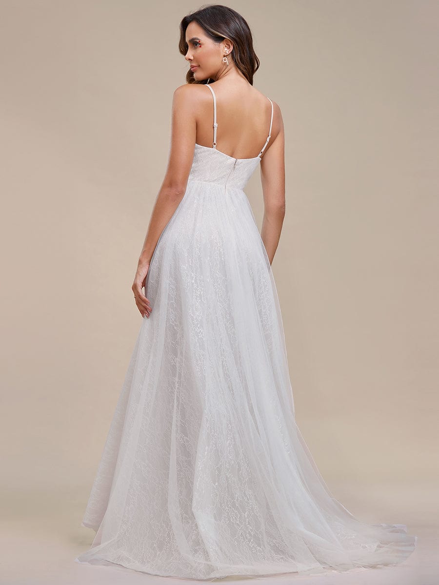Weitese Spaghetti Strap Waist Pearl Sweetheart Collar Tulle Wedding Dress with Lace/No Veils