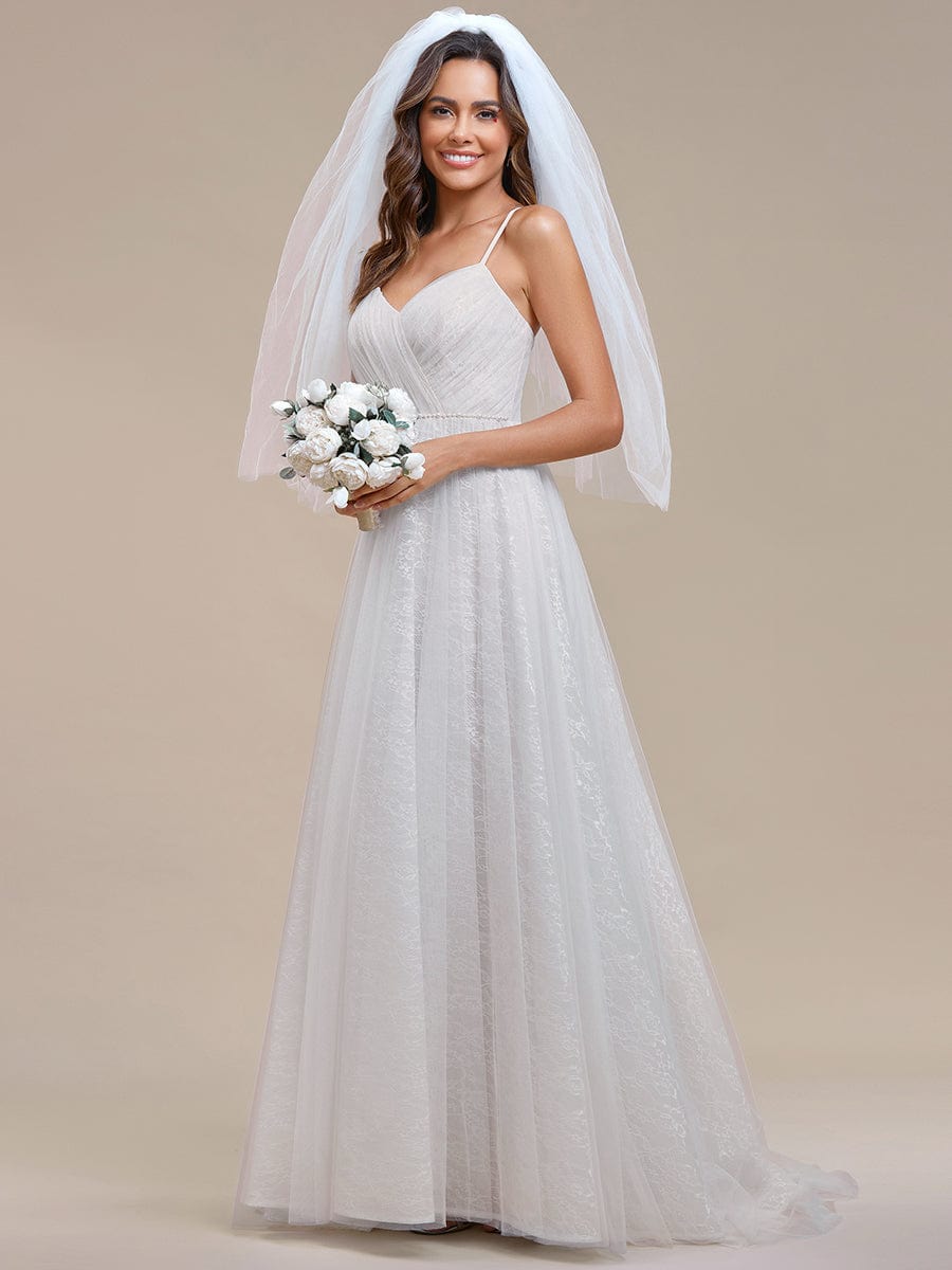 Weitese Spaghetti Strap Waist Pearl Sweetheart Collar Tulle Wedding Dress with Lace/No Veils