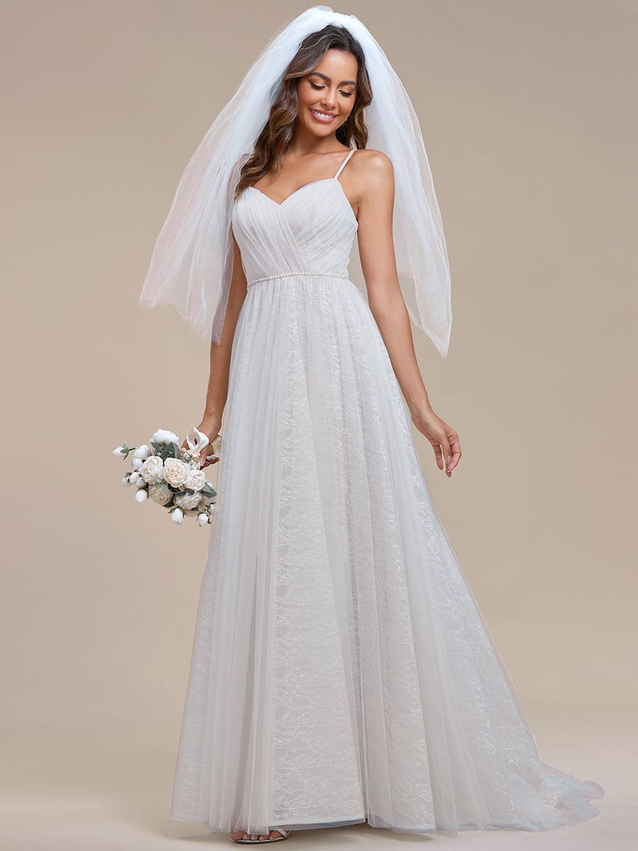 Weitese Spaghetti Strap Waist Pearl Sweetheart Collar Tulle Wedding Dress with Lace/No Veils