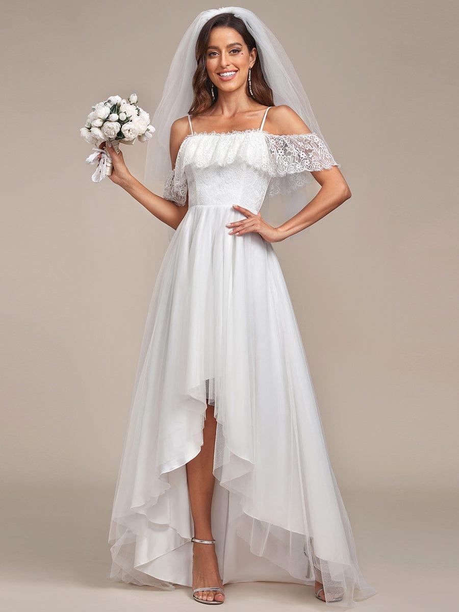 Weitese Cold Shoulder Lace High-Low No Veils Wedding Dress