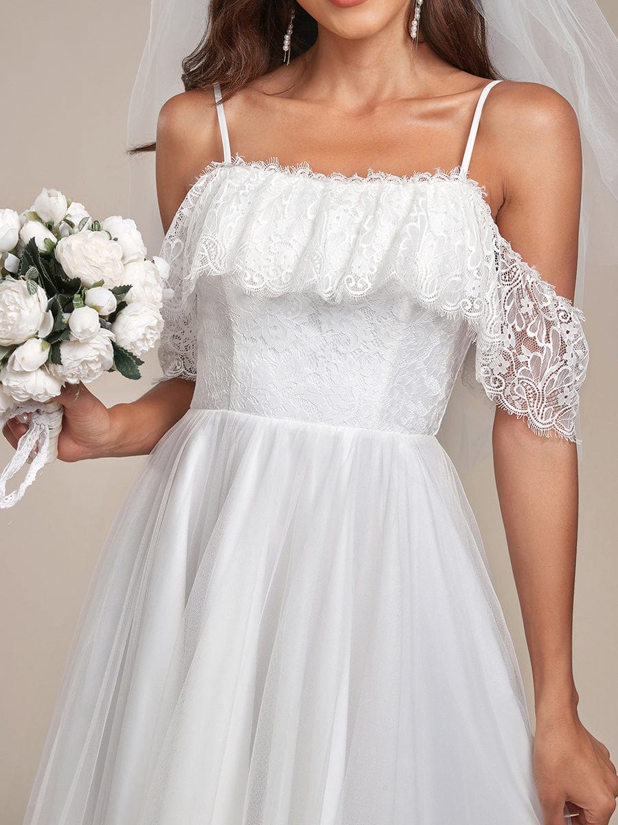Weitese Cold Shoulder Lace High-Low No Veils Wedding Dress