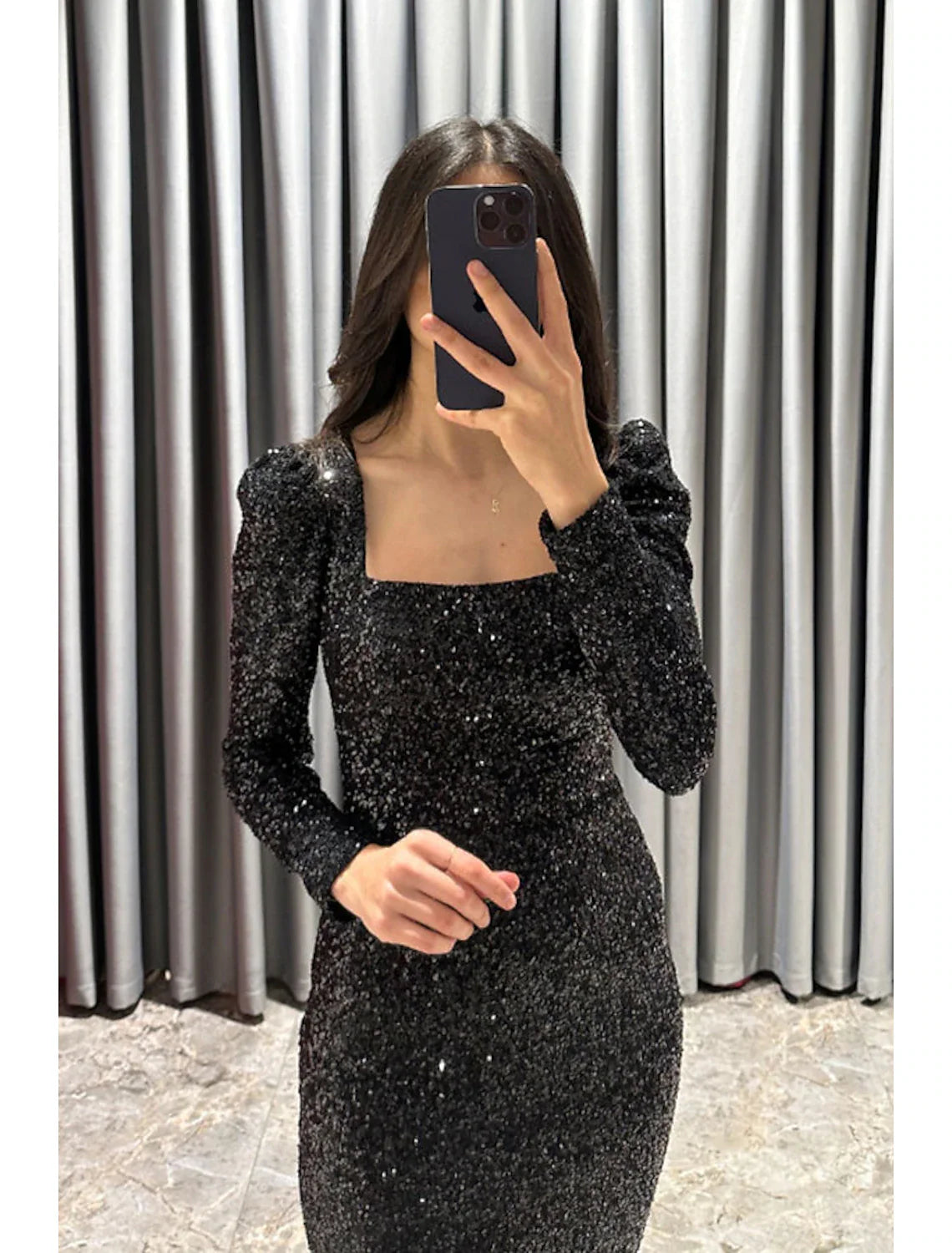 Evening Gown Elegant Black Dress Formal Fall Tea Length Long Sleeve Square Neck Sequined with Glitter Slit