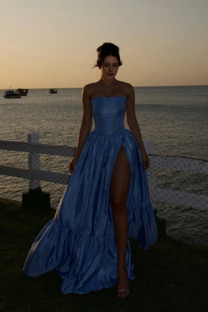 Robe Weitese charmante robe trapèze bustier en satin bleu, robe de bal fendue sur le devant 