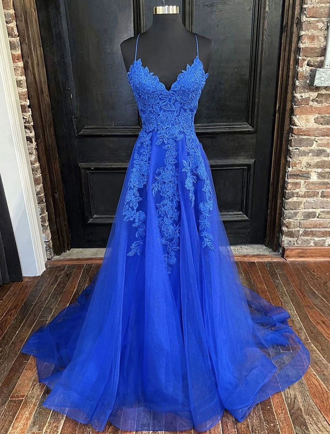 A-Line Evening Dresses Open Back Dress Formal Prom Court Train Sleeveless V Neck Tulle Backless V Back