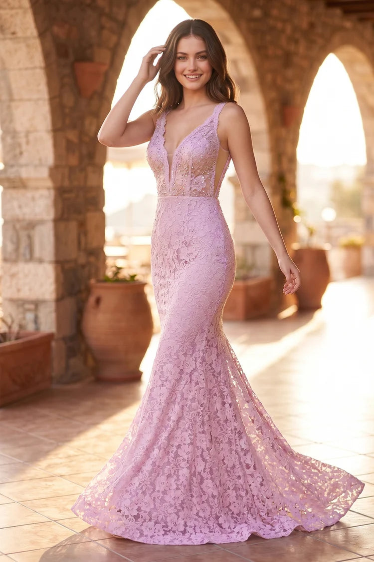 Lavender Lace Trumpet Plunging V-Neck Low V-Back Floor-Length Dress