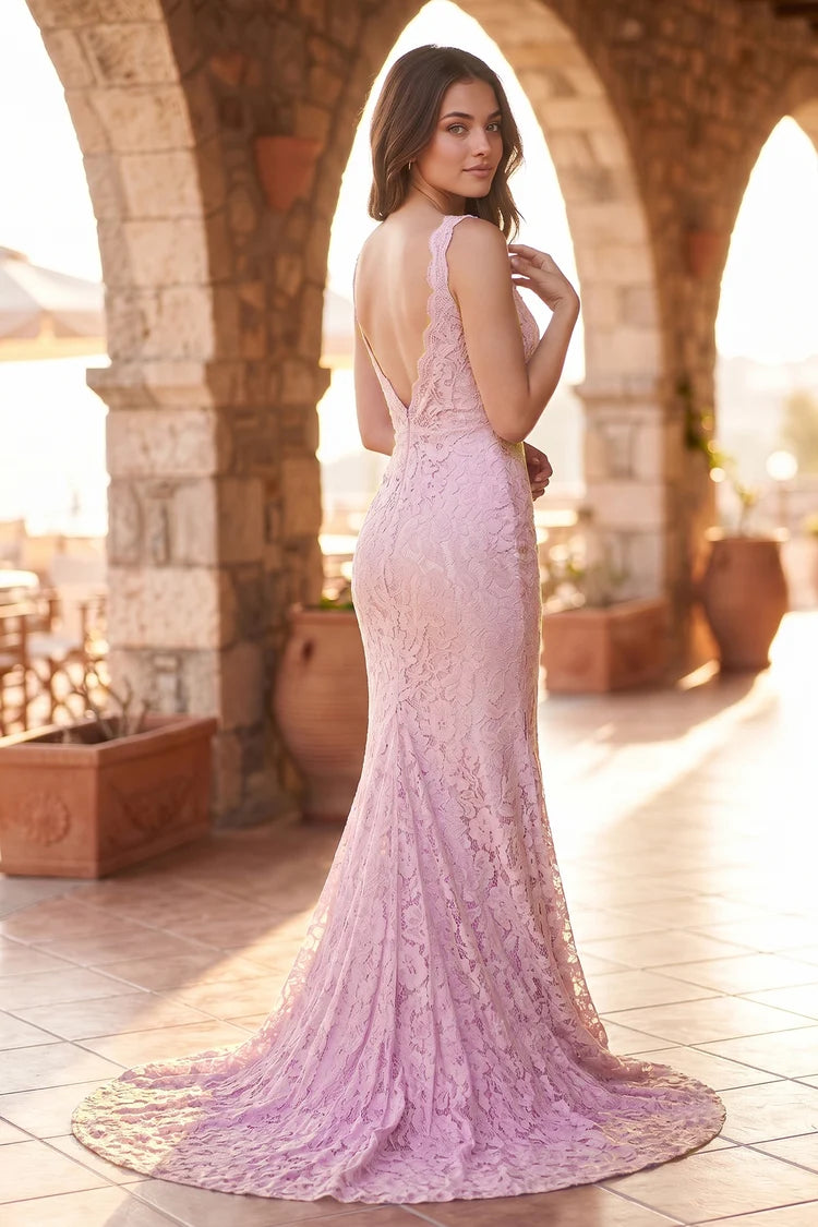 Lavender Lace Trumpet Plunging V-Neck Low V-Back Floor-Length Dress