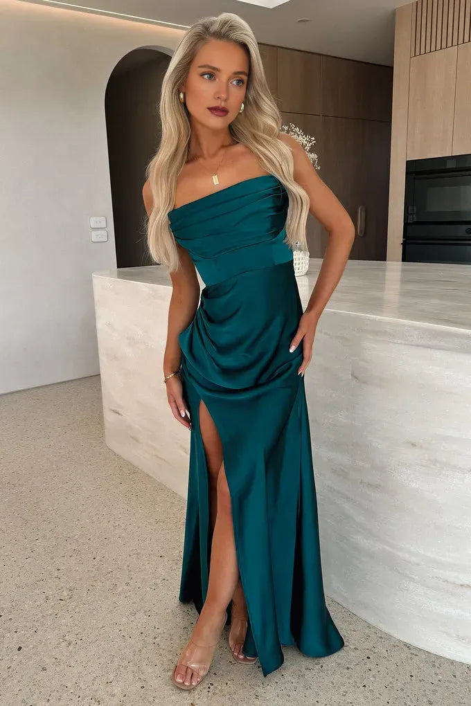 Exquisite Mermaid/Trumpet Strapless Sleeveless Satin Backless Slit Floor-Length Prom Dress