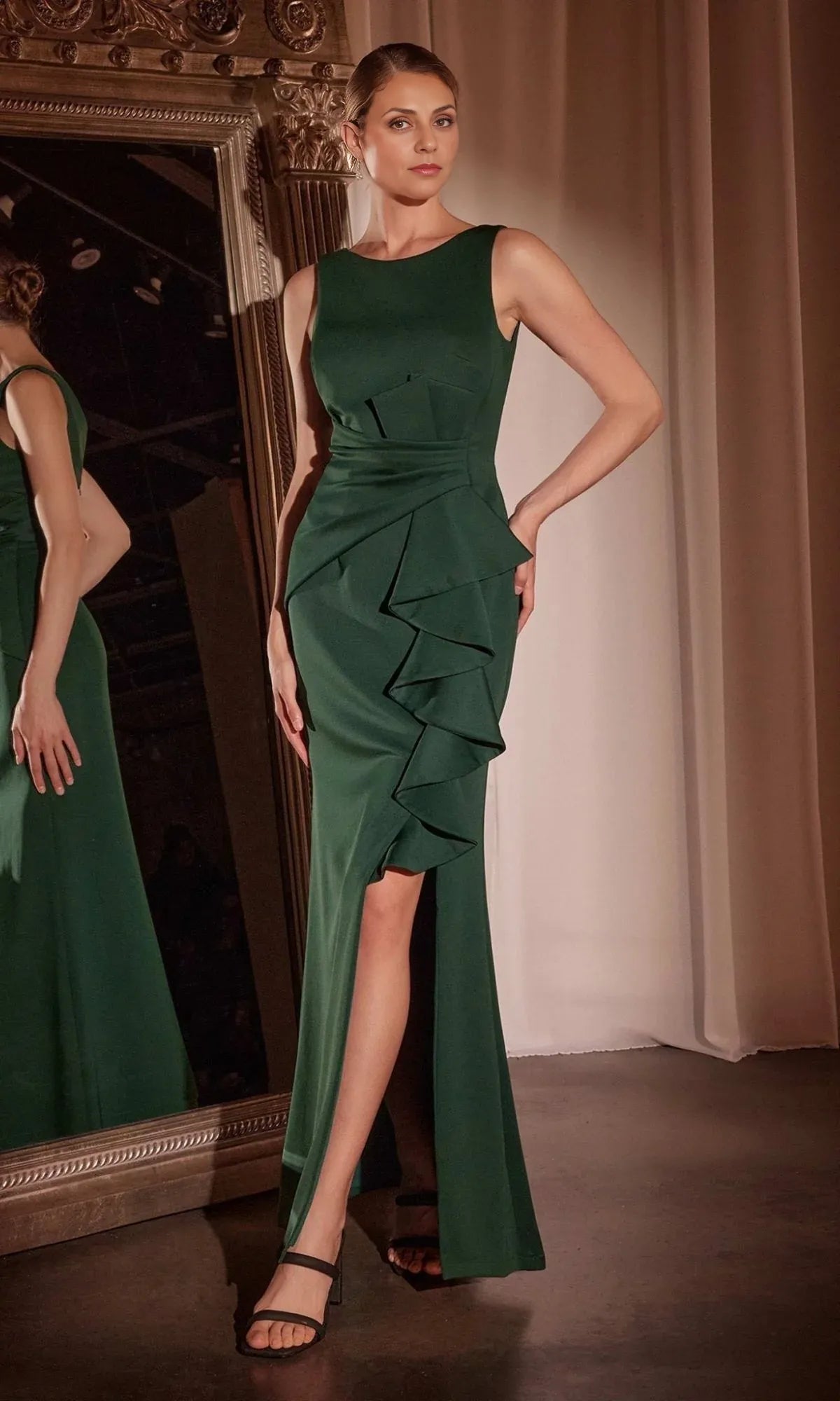 Weitese Dress Drape-Front Long Prom Dress Boat Neck V Back Floor-Length Ruffles Mother of the Bride Dress