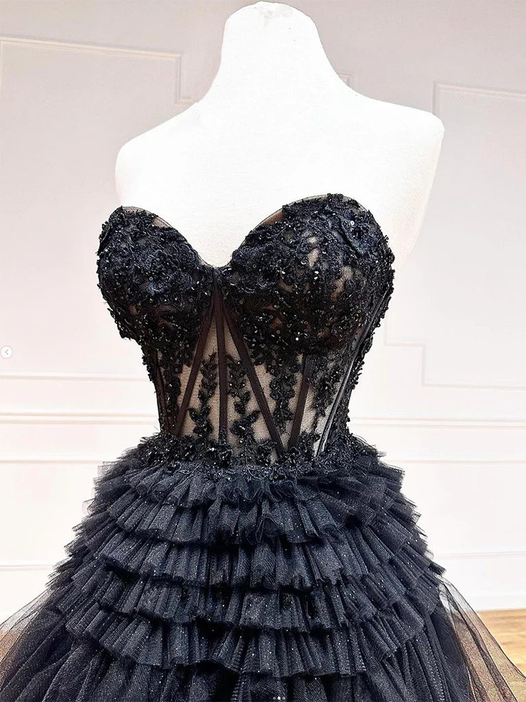 Black Sweetheart Neck Tulle Lace Long Prom Dress