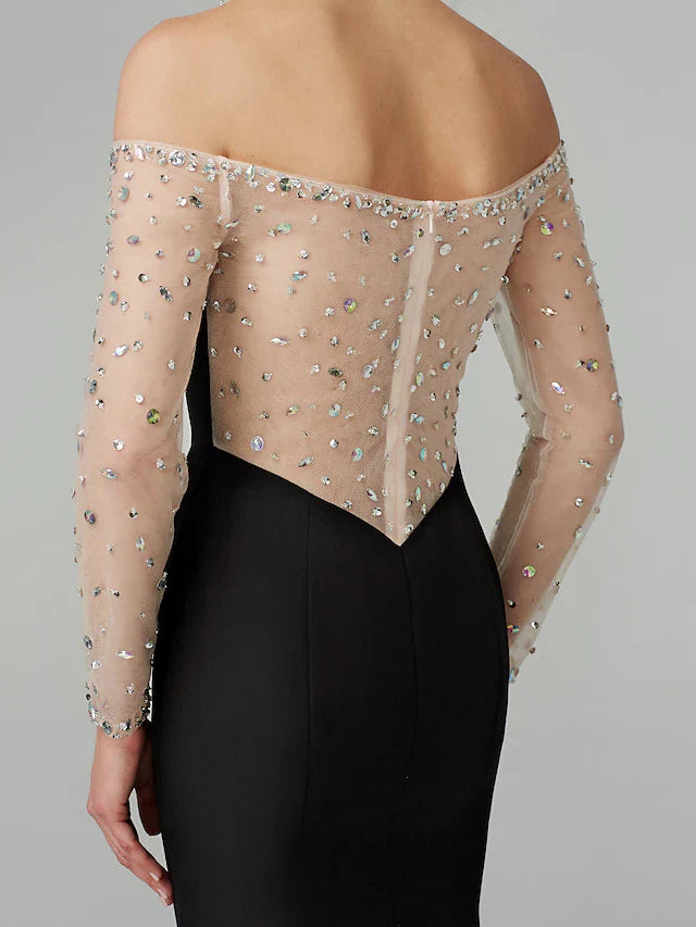 Evening Dress Holiday Floor Length Long Sleeve Off Shoulder Chiffon with Beading