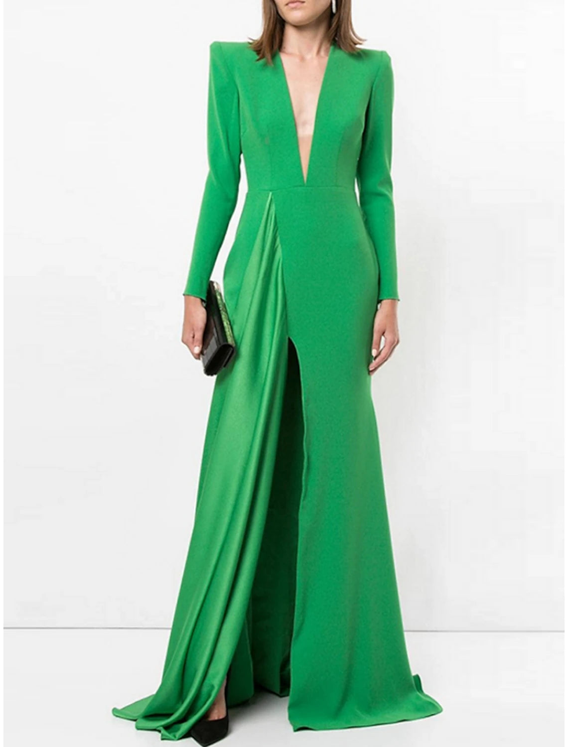 Robe de soirée trapèze élégante robe noire champagne grande taille robe formelle balayage / pinceau traîne manches longues col en V tissu extensible