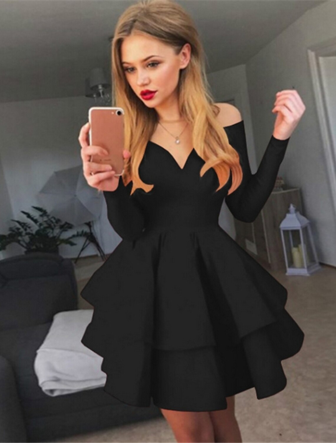 Women‘s Party Dress White Dress Black Red White Long Sleeve Pure Color Pleated Winter Fall Autumn Off Shoulder Party Winter Dress