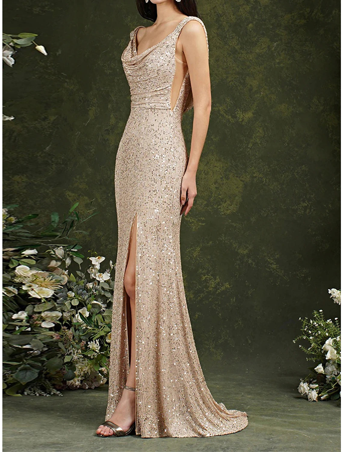 Weitese Women's Sequin Dress Prom Dress Party Dress Sparkly Dress Long Dress Maxi Dress Champagne Sleeveless Spring Fall Winter Spaghetti Strap Fashion Evening Party