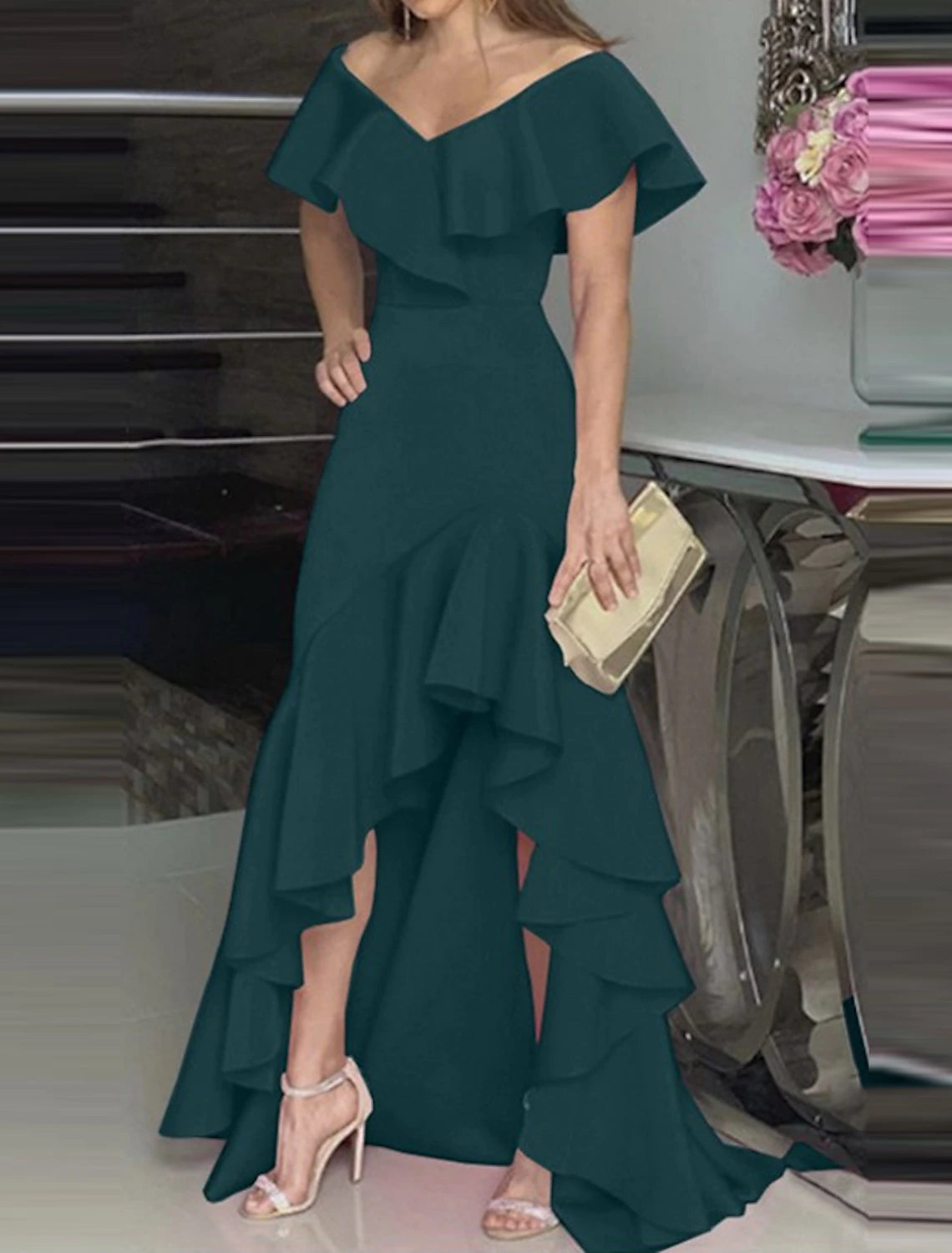 Women's Party Dress Maxi long Dress Green Black Wine Fuchsia Dark Blue Short Sleeve Pure Color Ruffle Plus High Low Fall Spring V Neck Elegant Formal Party