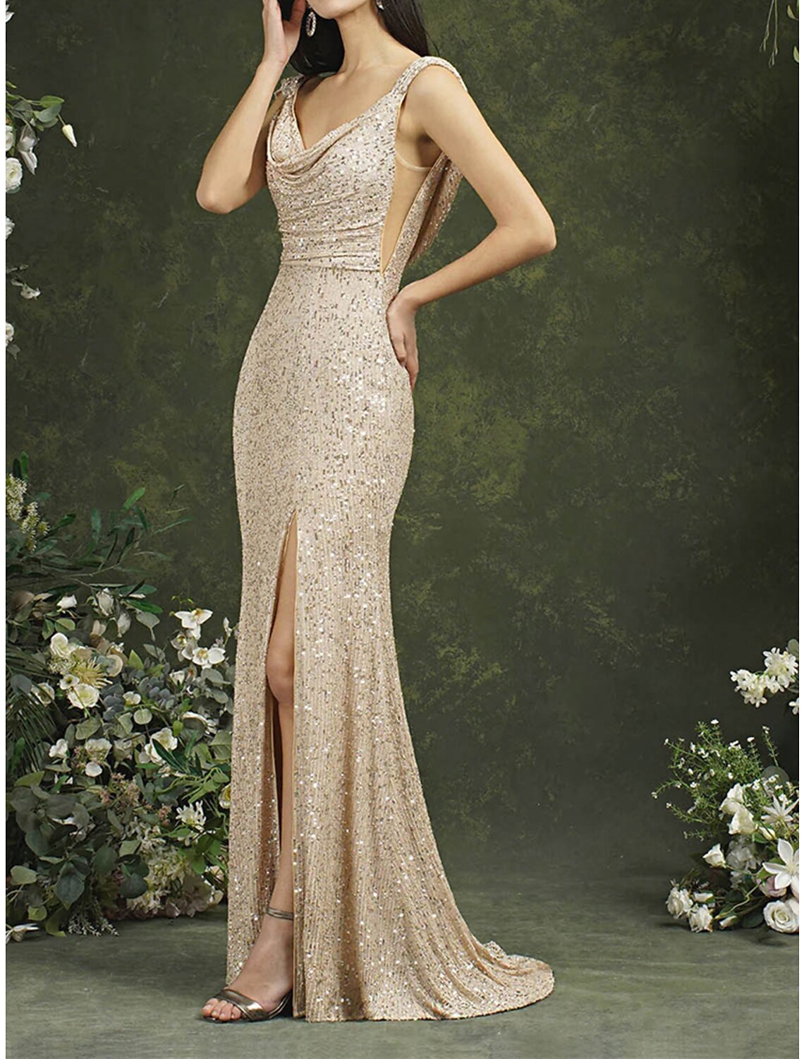 Weitese Women's Sequin Dress Prom Dress Party Dress Sparkly Dress Long Dress Maxi Dress Champagne Sleeveless Spring Fall Winter Spaghetti Strap Fashion Evening Party