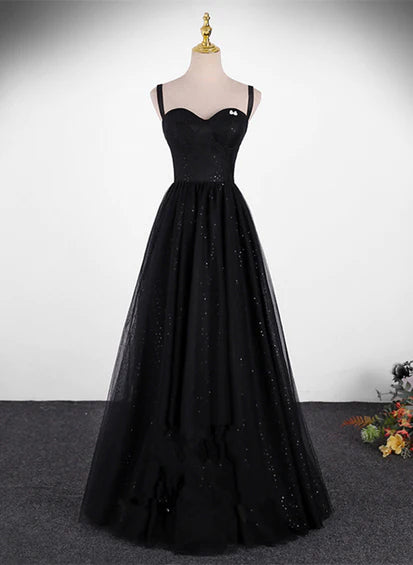 Black A-line Tulle Straps Simple Long Prom Dress