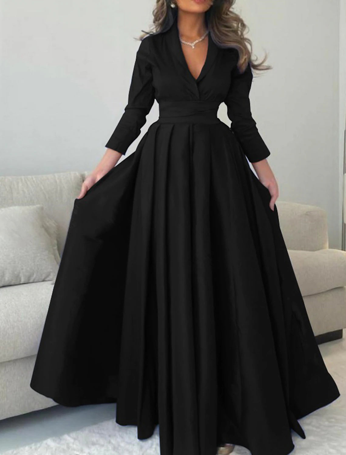 Weitese Satin A-Line Evening Gown Green Elegant Dress Formal Champagne Red Green Dress Floor Length 3/4 Length Sleeve V Neck with Pleats