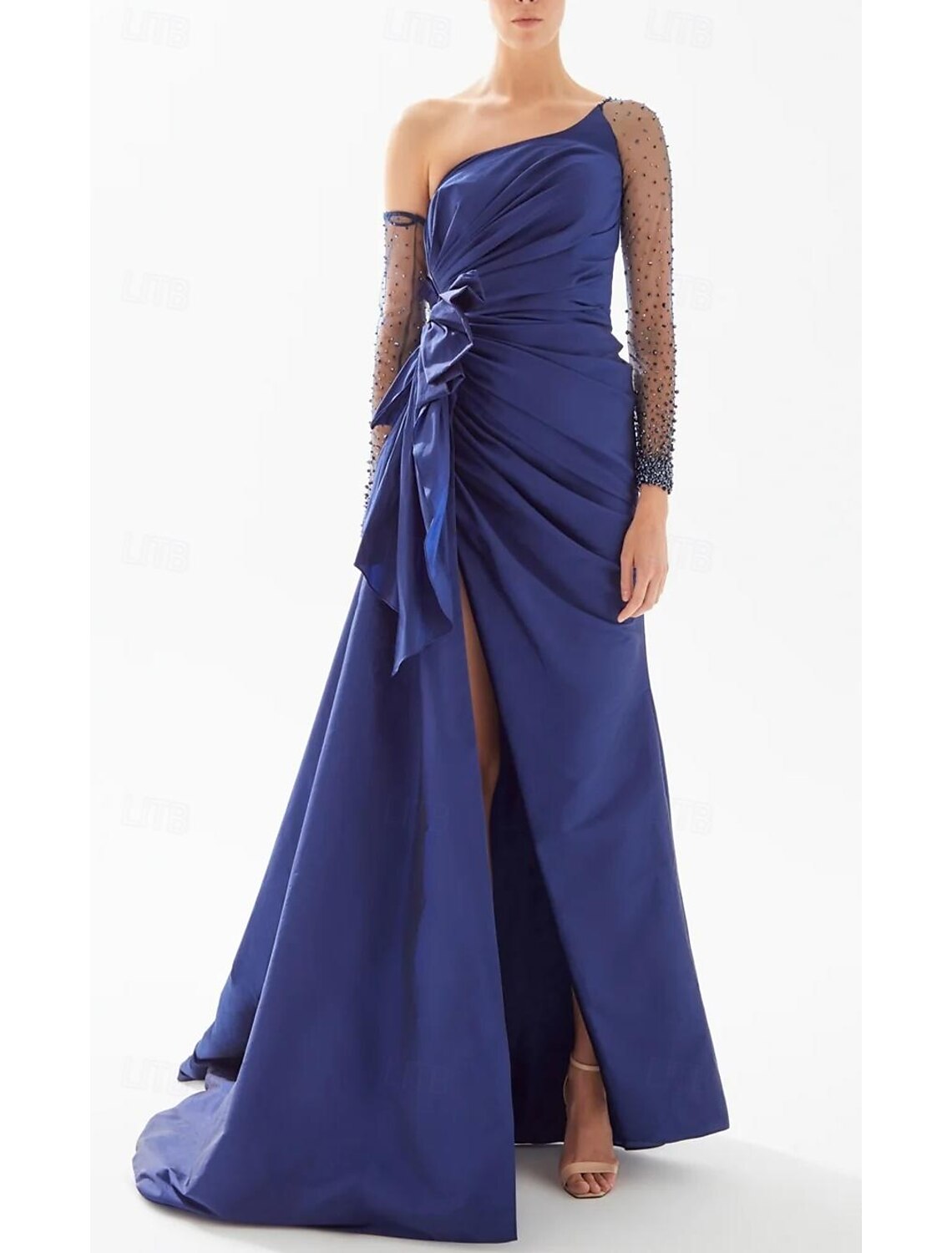 Vestido de noche Weitese de corte A, color negro, formal, largo hasta el suelo, manga larga, un hombro, satén con lazo(s) y abalorios.