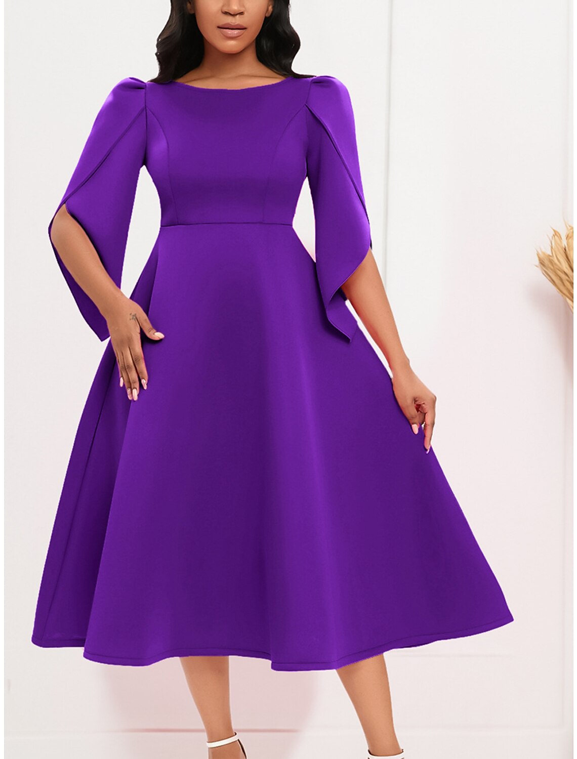 Robe de bal Weitese pour femme, robe de soirée, robe fourreau, robe mi-longue, bleu royal, violet, vert, demi-manches, couleur unie, froncée, automne-hiver, col ras du cou, mode soirée, vacances