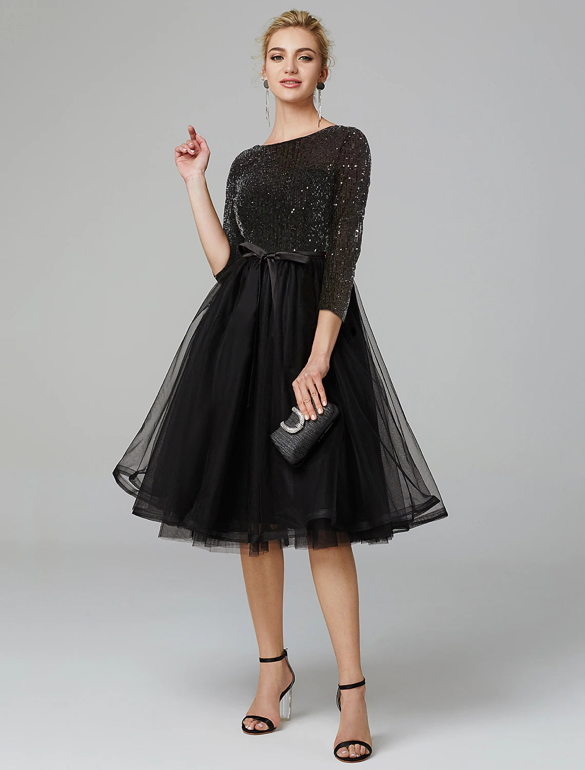 Weitese A-Line Cocktail Dresses Elegant Dress Formal Wedding Guest Tea Length 3/4 Length Sleeve Jewel Neck Fall Wedding Guest Tulle with Sequin Strappy