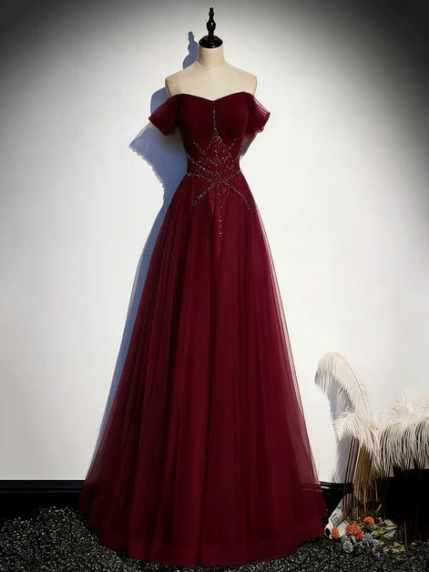 Burgundy Tulle A-Line Off-the-Shoulder Lace-Up Back Floor-Length Dress