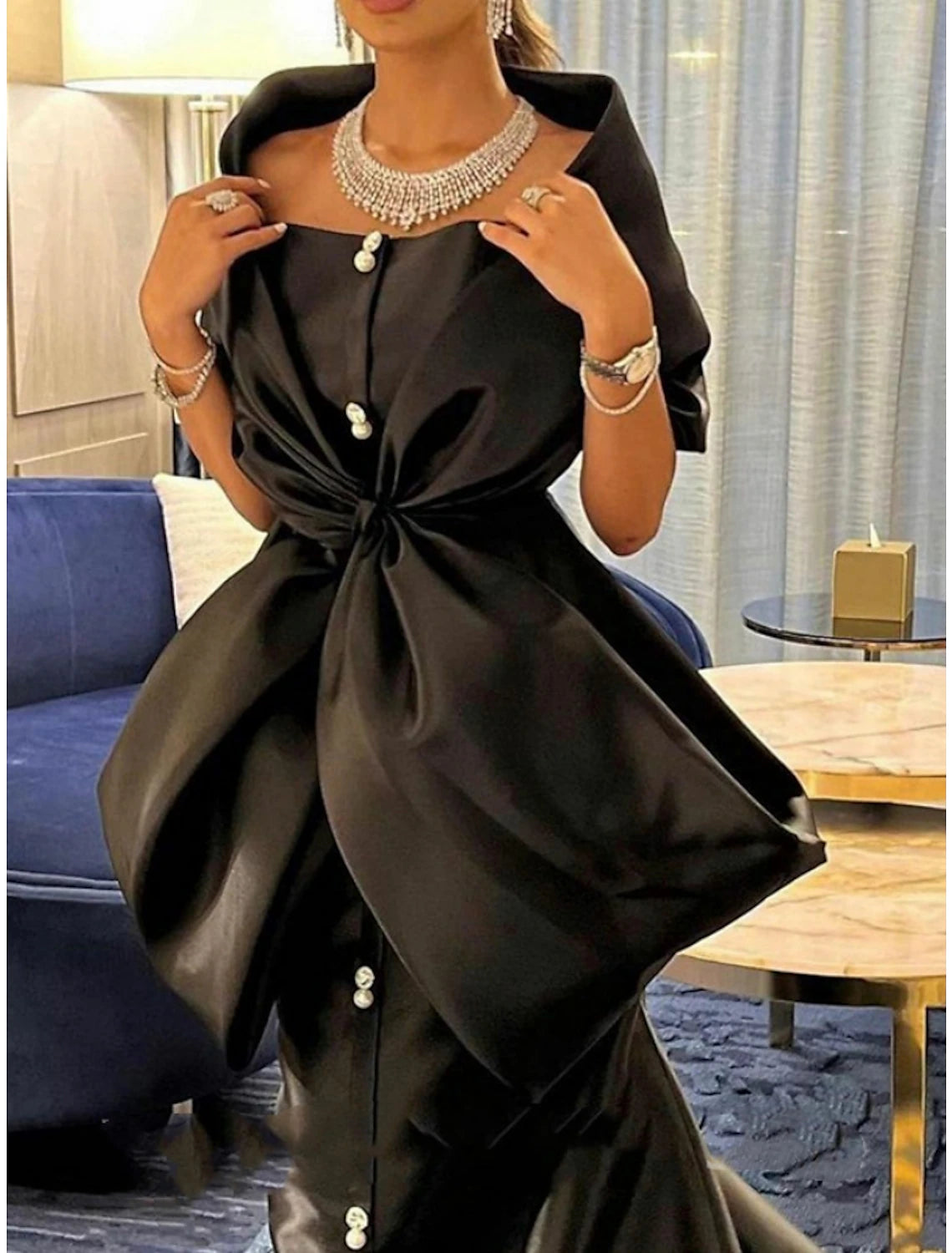 Mermaid / Trumpet Evening Gown Elegant Dress Formal Court Train Half Sleeve Off Shoulder Satin