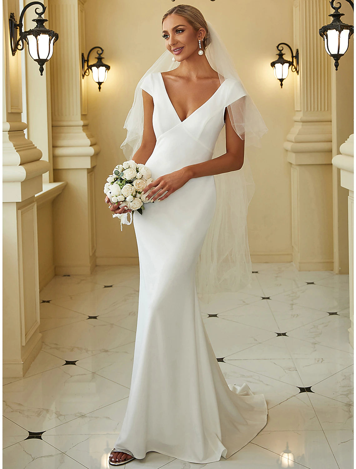 Weitese Reception Simple Wedding Dresses Mermaid / Trumpet V Neck Cap Sleeve Sweep / Brush Train Stretch Fabric Bridal Gowns With Draping Solid Color/Headveil Not Included
