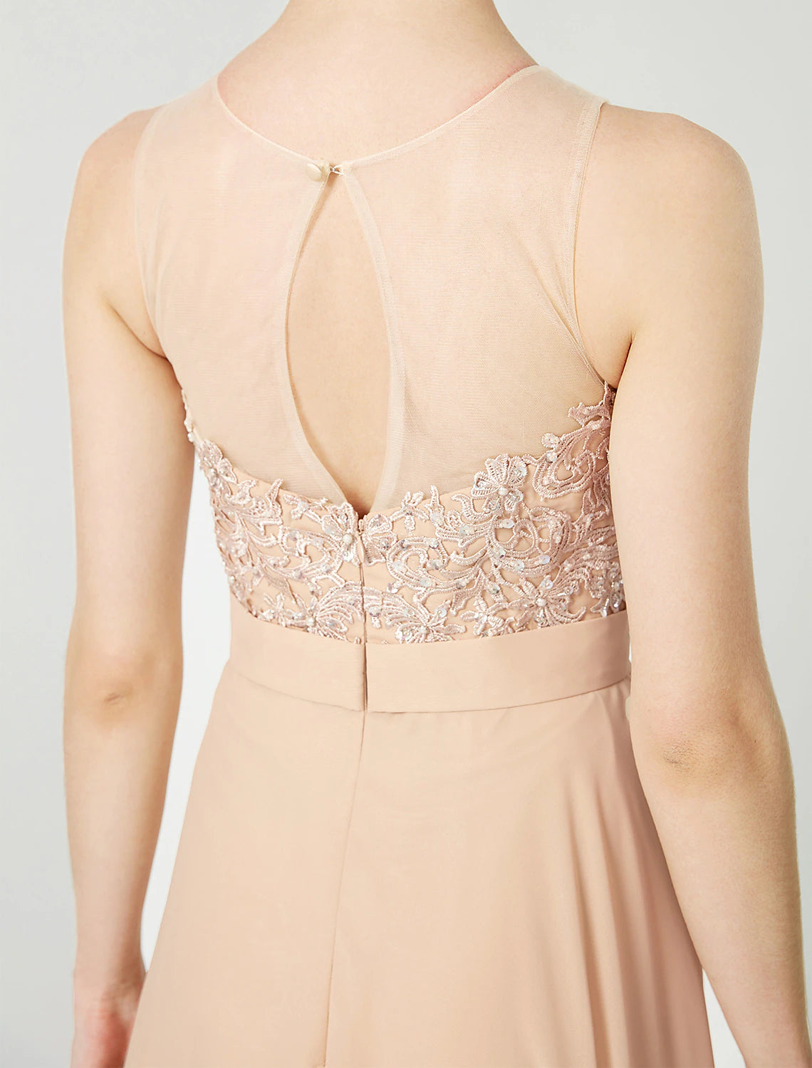 Weitese A-Line Classic & Timeless Keyhole Pastel Colors Holiday Cocktail Party Prom Dress Illusion Neck Sleeveless Floor Length Chiffon Beaded Lace with Pleats Appliques