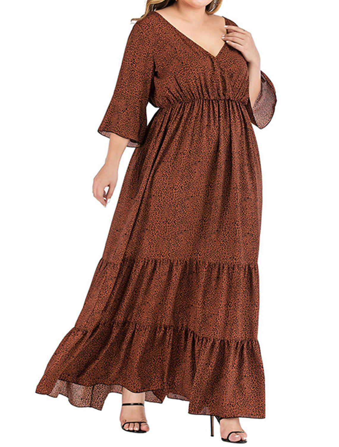 Robe de bal grande taille Weitese pour femme, robe de soirée, robe d'invitée de mariage, robe longue, robe maxi, marron, manches 3/4, imprimé léopard, été, printemps, automne, col en V, élégante, invitée de mariage, soirée d'anniversaire