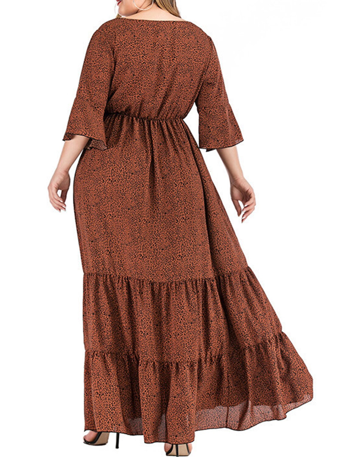Robe de bal grande taille Weitese pour femme, robe de soirée, robe d'invitée de mariage, robe longue, robe maxi, marron, manches 3/4, imprimé léopard, été, printemps, automne, col en V, élégante, invitée de mariage, soirée d'anniversaire