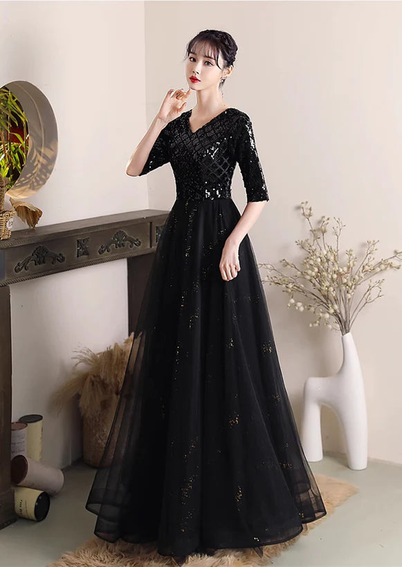 Black A-line Sequins and Tulle Long Formal Dress