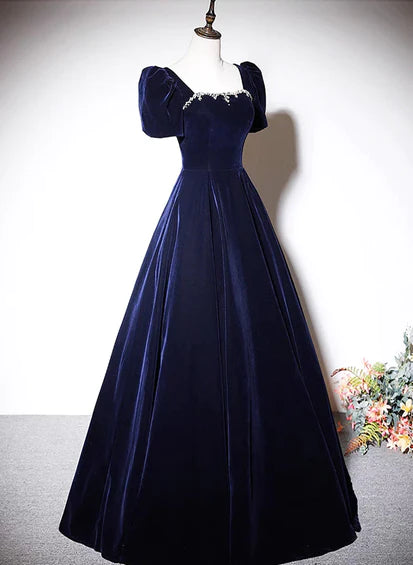 Navy Blue A-line Velvet Long Evening Dress