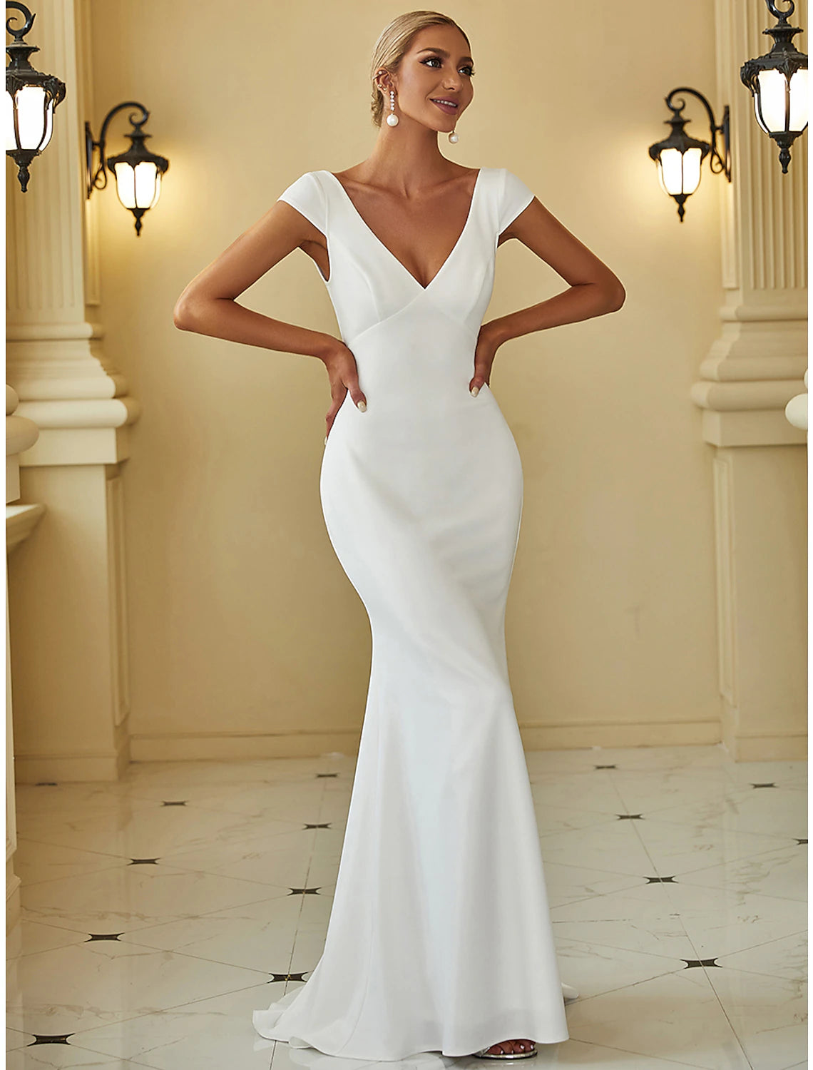 Weitese Reception Simple Wedding Dresses Mermaid / Trumpet V Neck Cap Sleeve Sweep / Brush Train Stretch Fabric Bridal Gowns With Draping Solid Color/Headveil Not Included