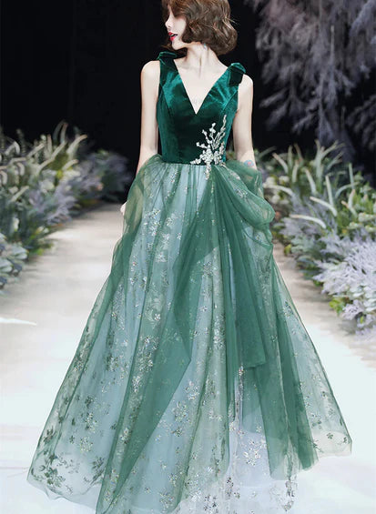 Green A-line Tulle Long Evening Dress Prom Dress