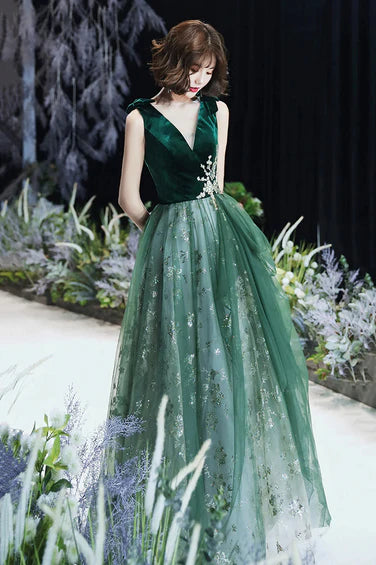 Green A-line Tulle Long Evening Dress Prom Dress