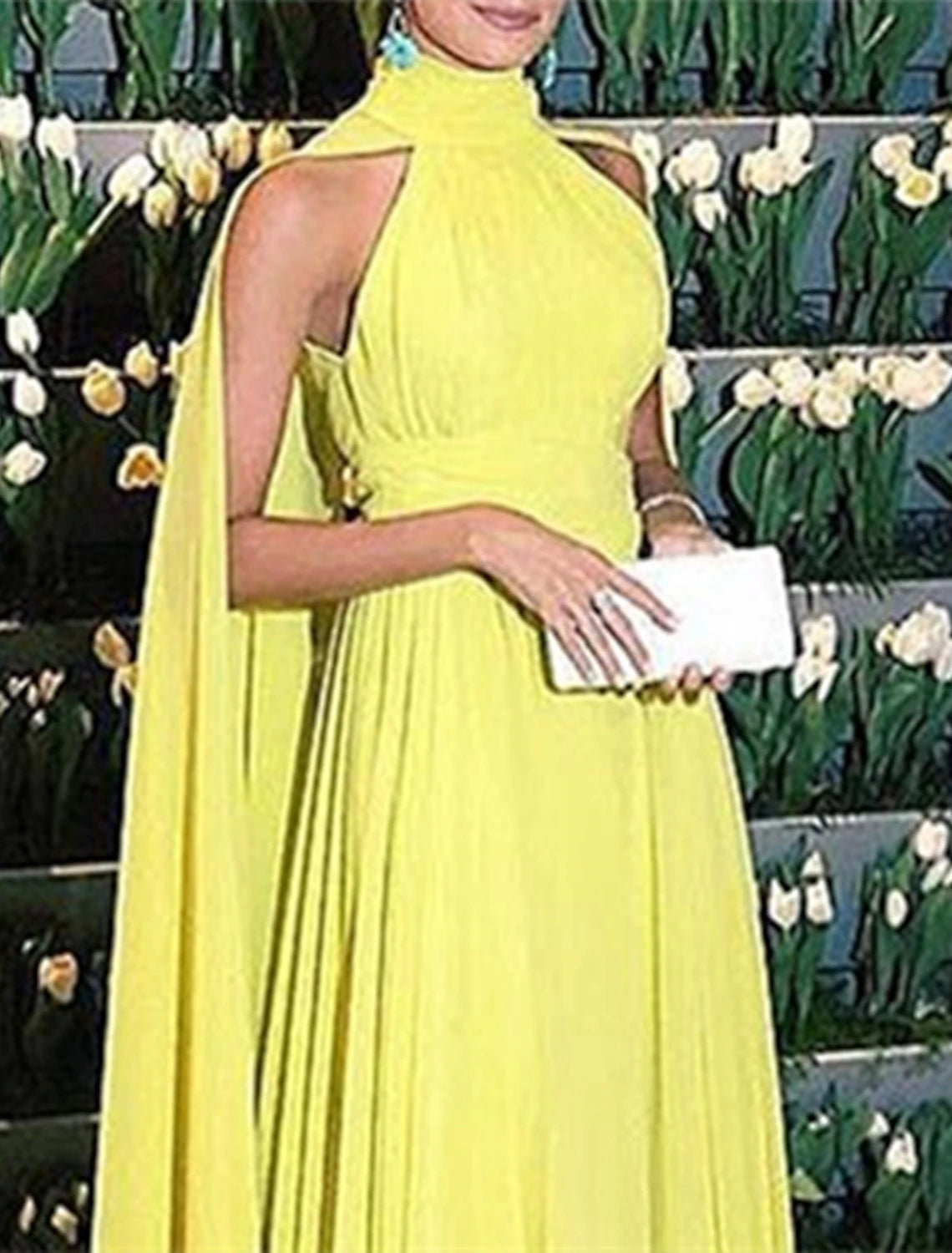 A-Line Evening Gown Elegant Dress Formal Wedding Guest Floor Length Sleeveless High Neck Capes Chiffon