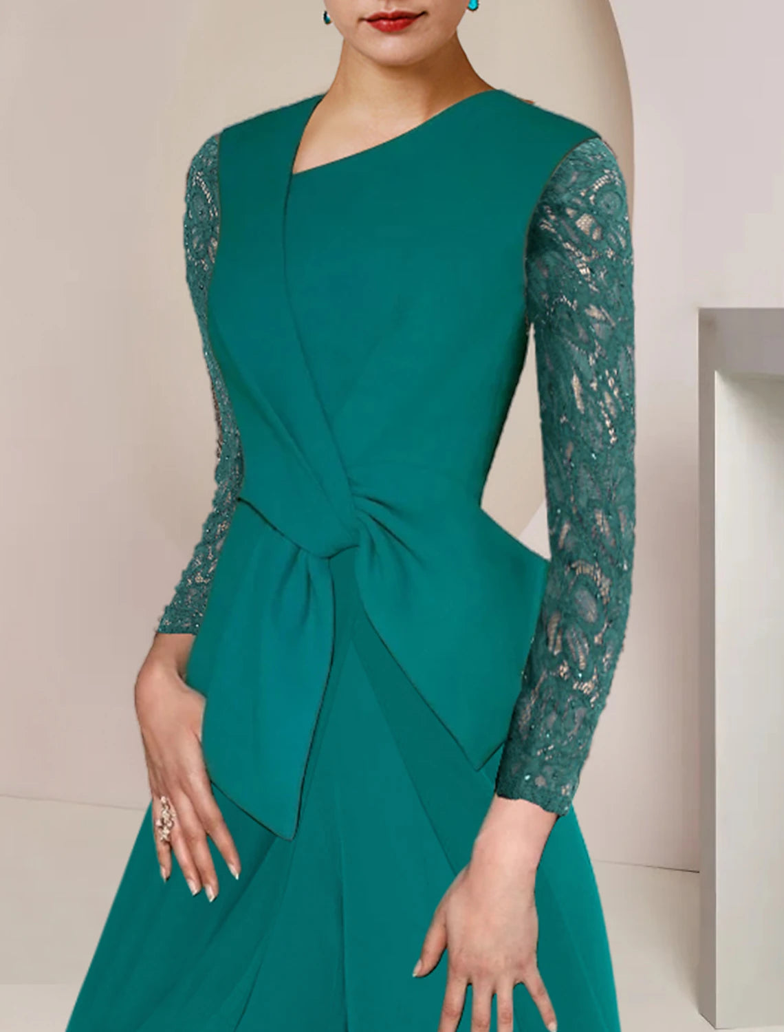 Weitese Jumpsuit / Pantsuit Mother of the Bride Dress Formal Wedding Guest Elegant V Neck Floor Length Chiffon Lace Long Sleeve with Ruching