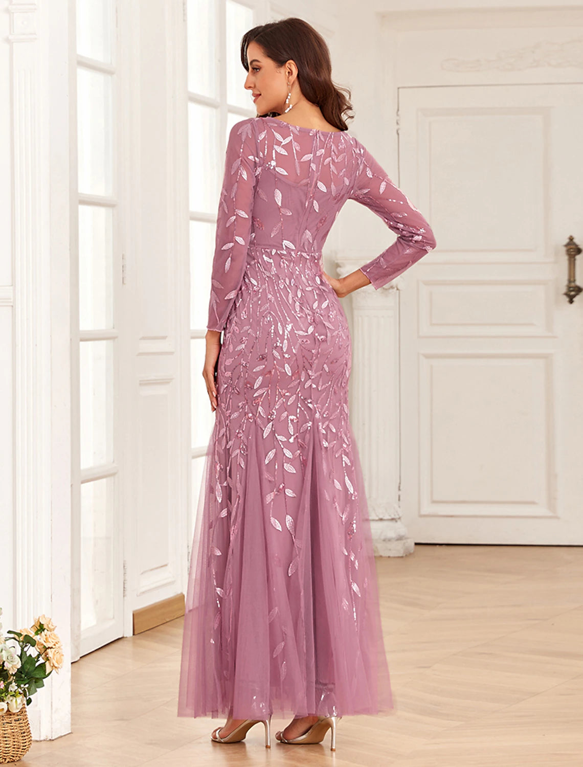 Weitese Mermaid / Trumpet Evening Gown Elegant Dress Wedding Guest Prom Floor Length Long Sleeve Jewel Neck Tulle with Embroidery