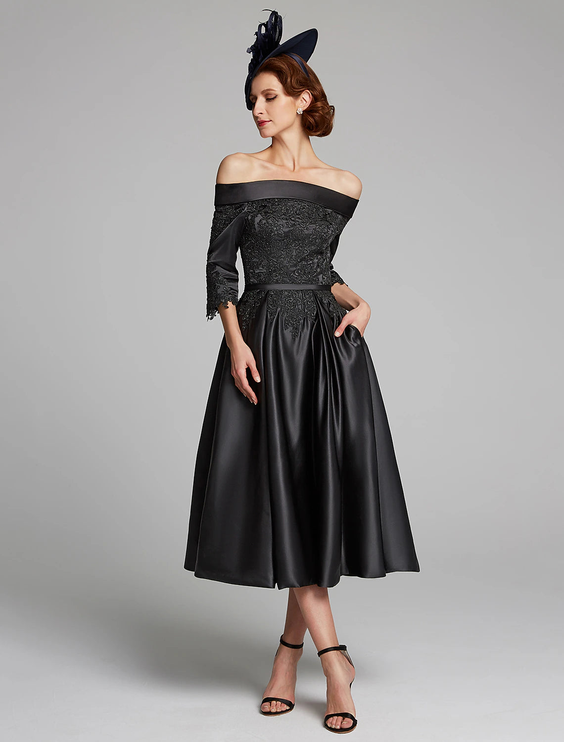 Robe de mère de la mariée Weitese coupe trapèze, grande taille, sexy, épaules dénudées, longueur thé, satin, dentelle, manches 3/4, avec ceinture/ruban en dentelle