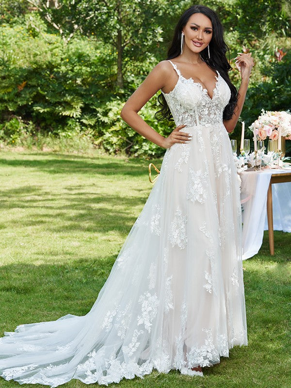 Weitese A-Line/Princess Lace Applique V-neck Sleeveless Sweep/Brush Train Wedding Dresses