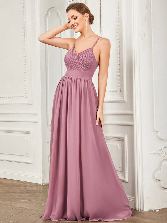 Weitese Chiffon Spaghetti Strap V-Neck Pleated A-Line Bridesmaid Dress
